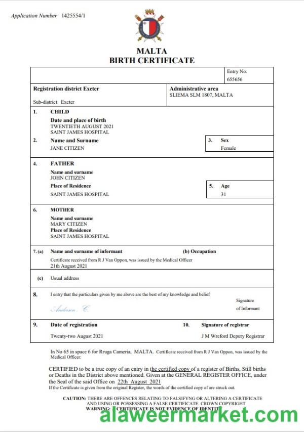 Malta birth certificate Word and PDF template